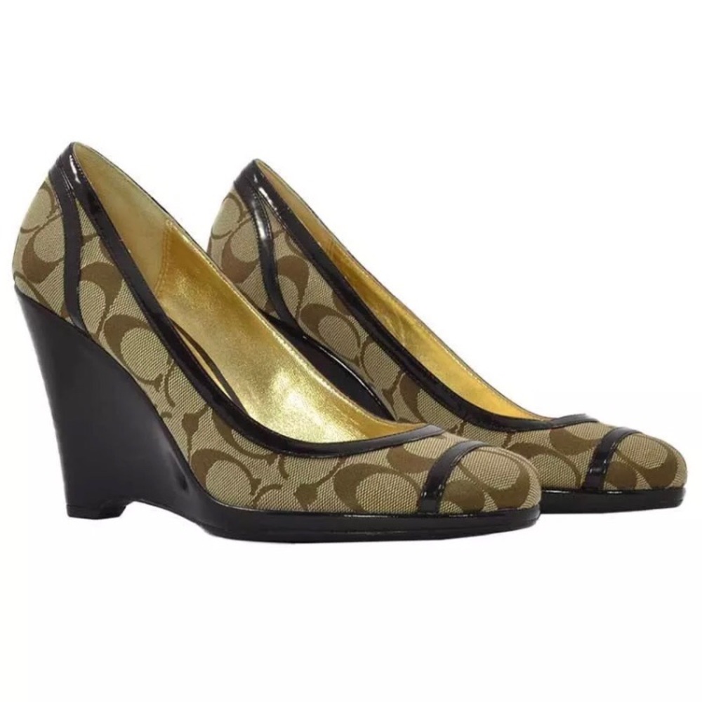 Like New Coach Kerryann Signature Tan Wedge Heels